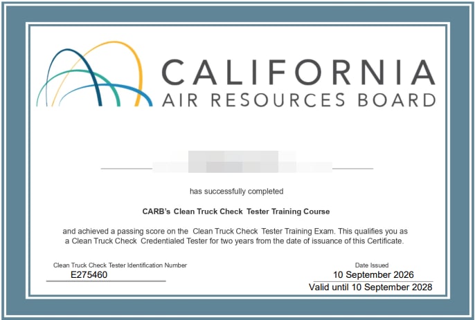 CARB Clean Truck Check Tester Training certificate — Tester ID E275460