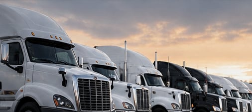 Row of commercial semi trucks parked at a fleet yard
