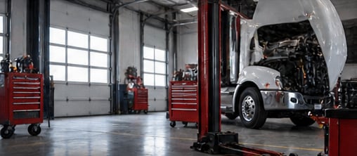 Commercial truck with the hood open for repair