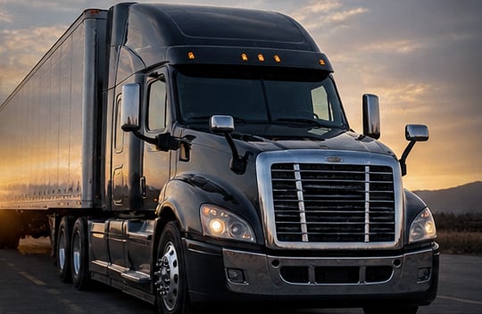 Heavy-duty semi truck on the highway at sunset